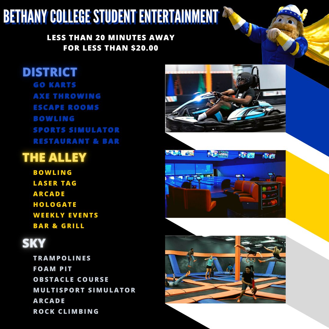 So much to do for our kiddos at Bethany! Make friends and the memories that last a lifetime! 💙💛

Less than 20 minutes away, less than $20 to do! 

Check out "District", "The Alley," And "Sky" online! 
#bethanycollegelbk #college #admissions #ks #lindsborgks #salina