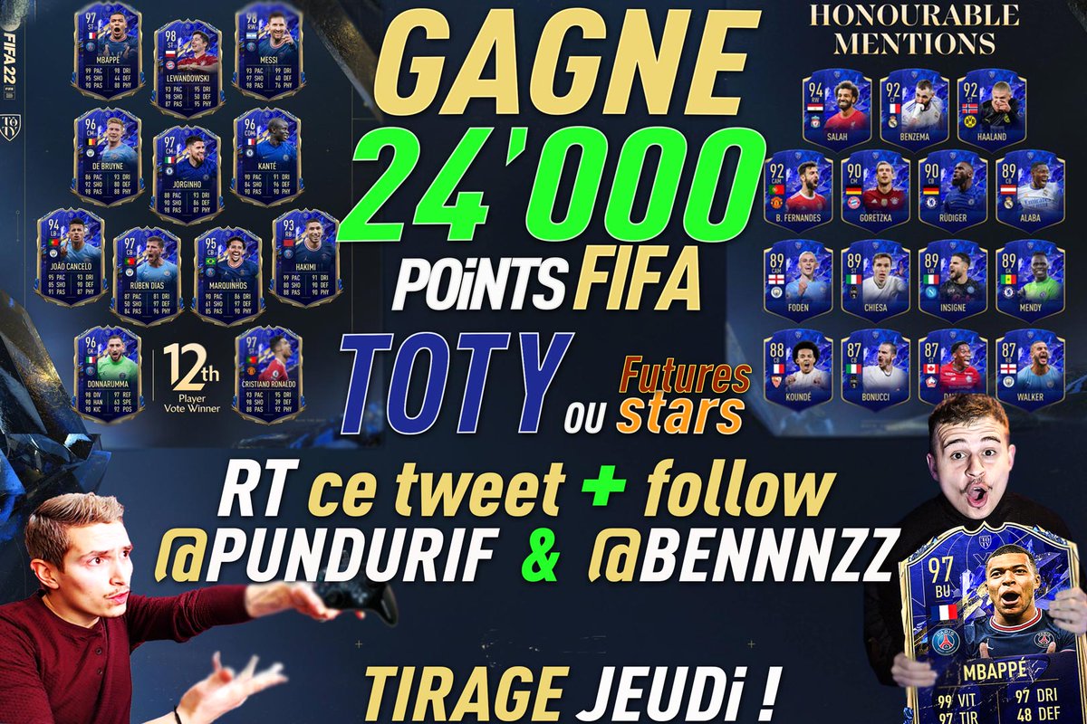 punnshiik's tweet photo. 🚨#CONCOURS🚨

24'000 points fifa à gagner sur la plateforme de ton choix, pour participer :

➡️RT ce tweet
➡️Follow @Bennnzz &amp; @PUNDURIF
 
T.A.S Jeudi 3/02
Bonne chance🙏 #FIFA22 #TOTY https://t.co/1Xggum6Ehp