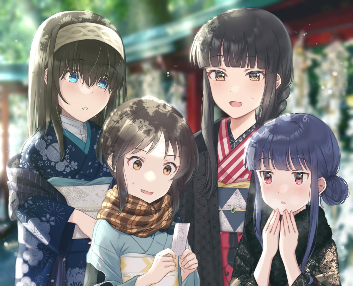 sagisawa fumika ,sajo yukimi ,tachibana arisu multiple girls japanese clothes kimono black hair blue eyes scarf blue hair  illustration images