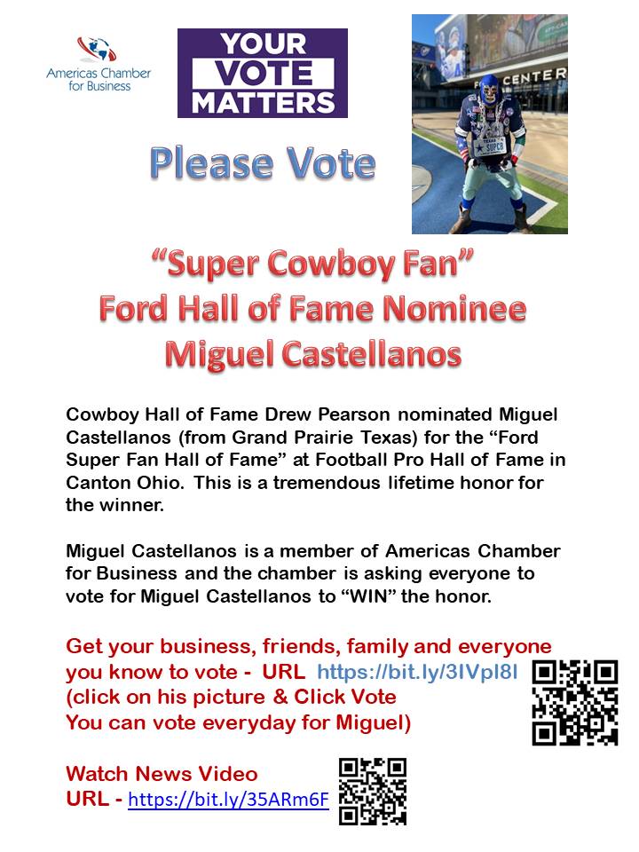 Vote for Cowboy Super Fan -  Americas Chamber Member, Miguel Castellanos, was nominated by Football Pro Hall of Fame - Drew Pearson to be on the FORD Super Fan Hall of Fame in Canton Ohio.  Let's vote for Miguel!
 https://t.co/ctcDxjQdWd https://t.co/x03TDKNJLF