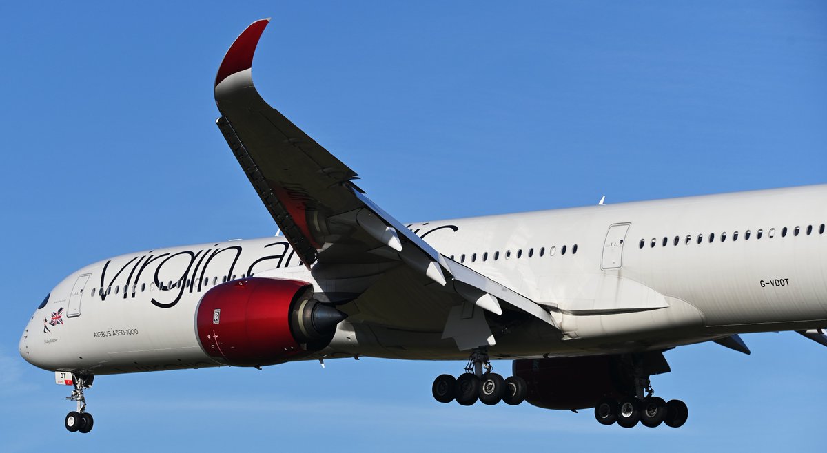 EGLLSpotter's tweet image. A dirt-streaked @VirginAtlantic A350-1041 registered G-VDOT #RubySlipper seen here landing at @HeathrowAirport today.