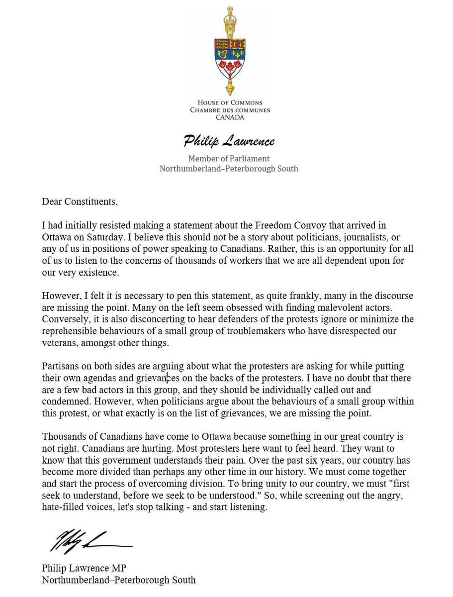 PLawrenceCAN's tweet image. Dear constituents. Please see my official statement on the Freedom Convoy in Ottawa below.