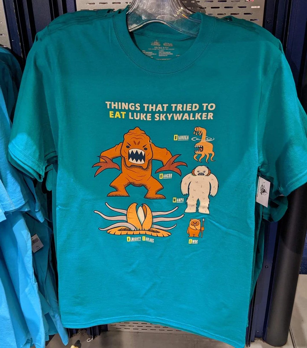 cstephens2's tweet photo. Saw this #starwars shirt at #startraders last night, and it was hard to resist. I was happy it was actually an adult-sized shirt. Absolutely loved it, not just because a #rancor, my favorite, is prominent, but because an #ewok is included in the list. Too funny. #disneyland https://t.co/8yDnPNFQYt