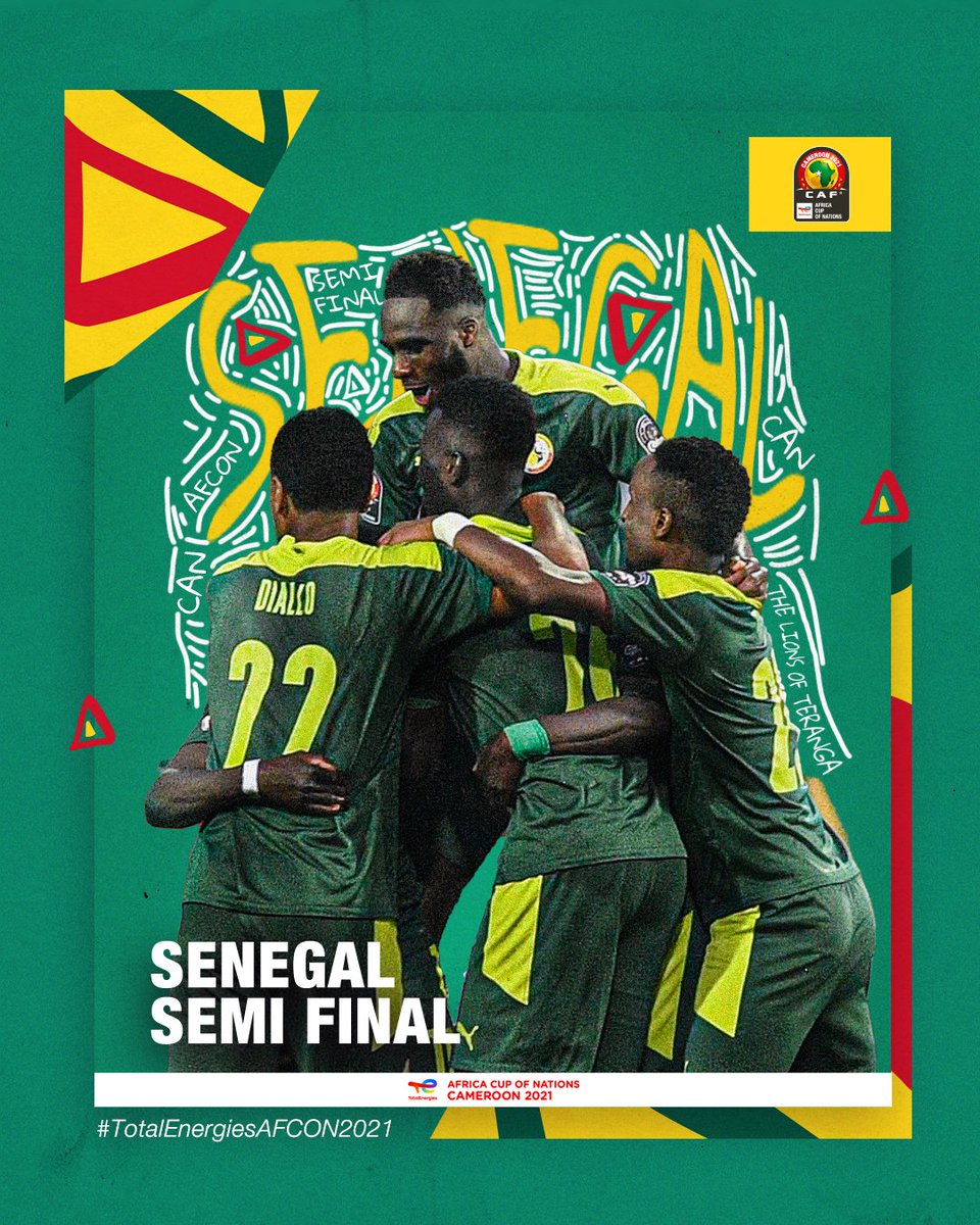 CAF_Online's tweet photo. 🇸🇳 🦁 ➡️ FINAL 4️⃣

#TeamSenegal reach the semi-final for the second successive time 👏 

#TotalEnergiesAFCON2021 | #AFCON2021 https://t.co/3CFBaHAJKb