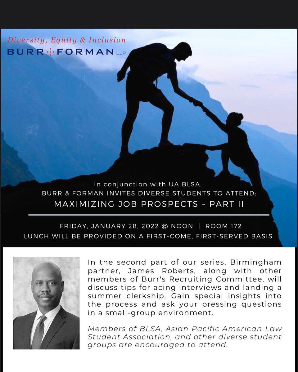 UA_BLSA's tweet photo. This past Friday, Birmingham partner James Roberts from Burr &amp; Forman held the second part of their Maximizing Job Prospects series!! They discussed tips for acing interviews and landing a summer clerkship!✏️👍🏾 https://t.co/KV8EDjmsRJ