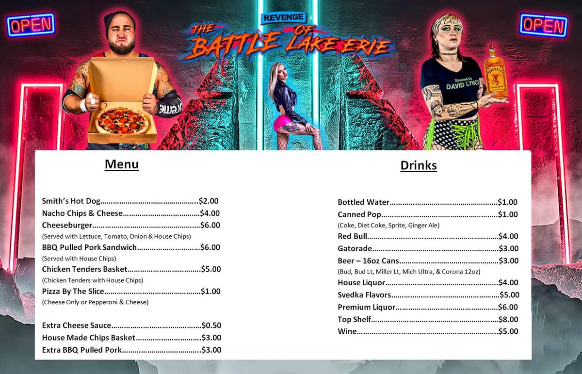 RevengePro_Erie's tweet photo. Here's the expected menu for #BOLE2022. Items are subject to change based on The Avalon's food availability. KILLER FOOD &amp; a FULL BAR right in the event hall!

Great food. Great drinks. Great wrestling action. We got you covered on all fronts.

Dont miss our return THIS SATURDAY! https://t.co/MJYoIJAT0M
