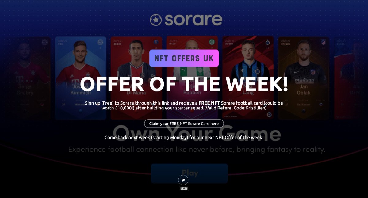 NFTOffersUK's tweet photo. Play @Sorare to earn #FreeNFTs. Visit the link in the Bio for a #FreeCard (could be worth up to £20,000) once signed-up and team built ⚽️💪 #footballNFTs https://t.co/PrIShmWzdt