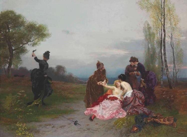 Reconciliation, 1884, Emile Antoine Bayard
A famous historical example of such a duel happened in August 1892 in Liechtenstein. Two Austrian noblewomen, Princess Pauline von Metternich and Countess Kielmannsegg, fought a duel because of an argument for floral arrangements
