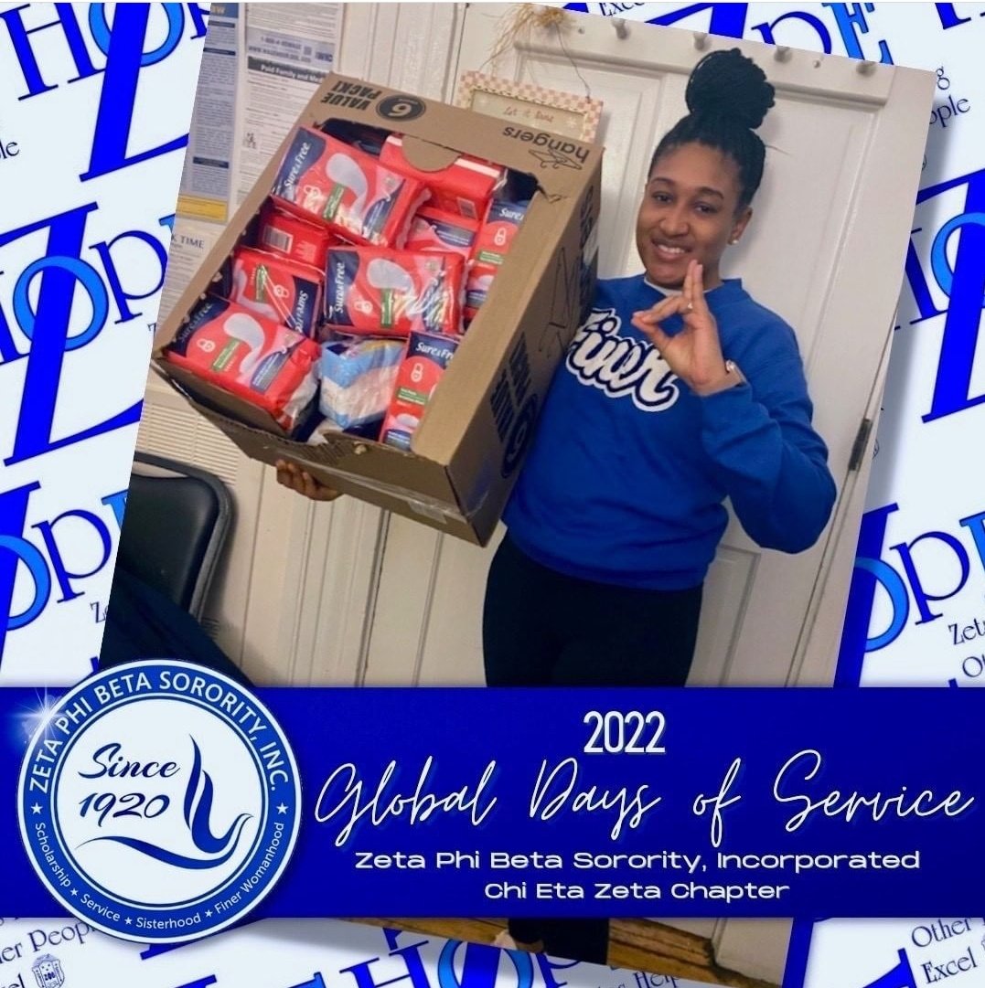 In honor of the 2022 Global Days of Service, Chi Eta Zeta Chapter donated 400 packs of menstrual pads to local community organizations. Items were distributed to Casa Myrna, Children’s Services of Roxbury Women’s Shelter, and a Domestic Violence Shelter in Cambridge.