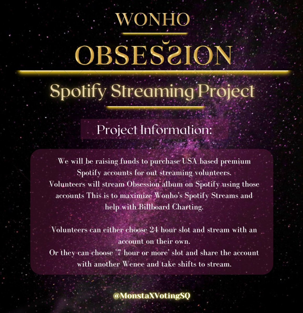 [ OBSESSION - Spotify Streaming Project ]

📖VOLUNTEER:
• Form: forms.gle/8tYf1349uihwfU…

➤ DONATE:
• Direct PayPal: paypal.com/paypalme/shown… 
(Add a note 'Wonho Comeback') 

👥SLOTS: 170-200 Wenee 

• Free
• More details in graphics

#WONHO #WONHO_OBSESSION <a href="/official__wonho/">WONHO Official</a>