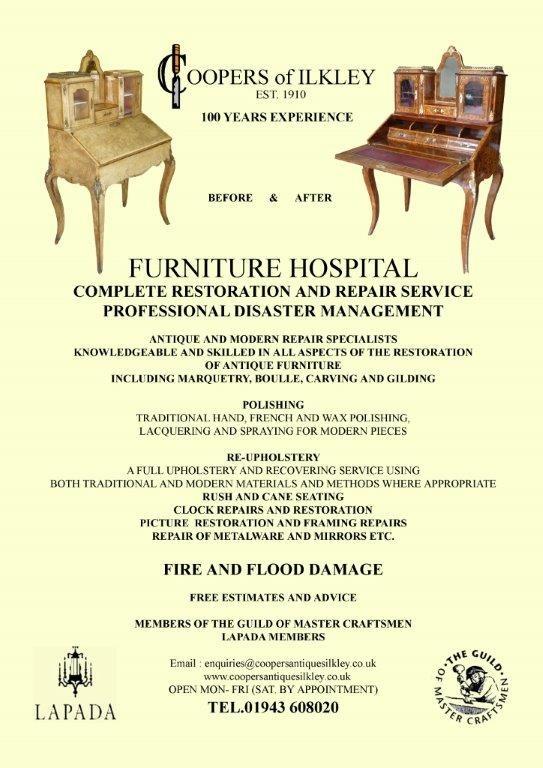 Just to remind you what we can do here at Coopers of Ilkley Ltd
Call us on 01943608020, email us at enquiries@coopersantiquesilkley.co.uk pop into our workshop