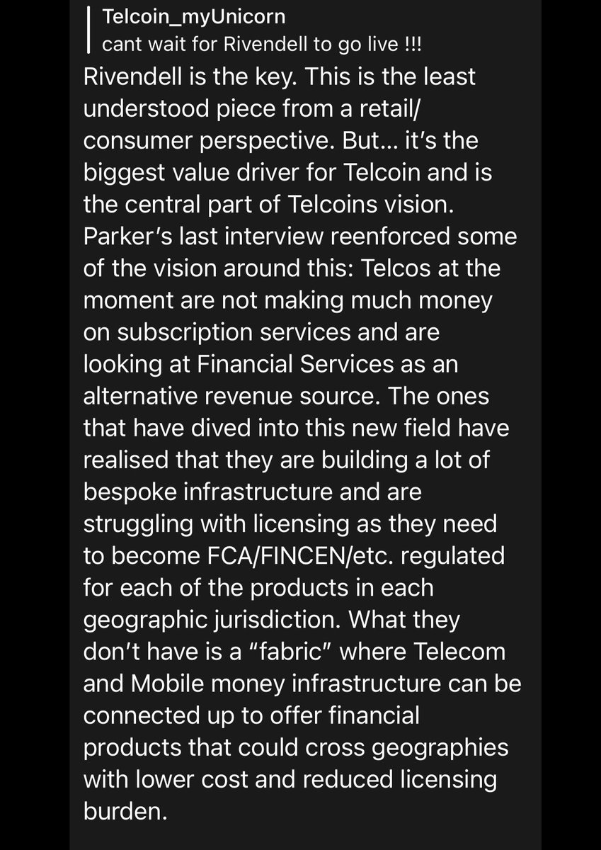 HoDl_Model's tweet photo. For anyone confused what #TELCOIN Rivendell Network is &amp; how it will work.

Rivendell is the key. This is the least understood piece from a retailer/consumer perspective. But its the biggest value driver for Telcoin &amp; is the central part of their vision. 
$TEL #DeFi #MOBILEMONEY https://t.co/uQWzTrydDT