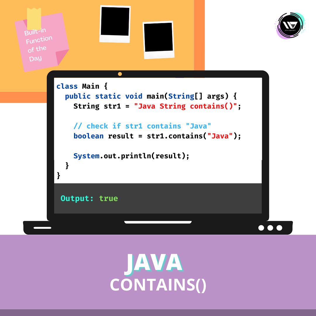 tmu_wics's tweet photo. 🔨 Built-in Function of the Day: Java: contains() 🔨  

The contains() method checks whether the specified string (sequence of characters) is present in the string or not.

#java #programming #coding #codingtips #programming https://t.co/vszHEHZ1SM