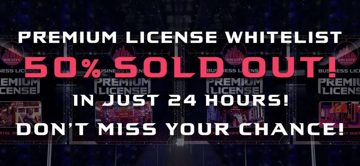 🚨 RED ALERT 🚨

Exclusive Pool AND Staking Pool V2 are both SOLD OUT! 📢💰

TIME IS RUNNING OUT! The Premium Pool is 50% sold out, so DON'T HESITATE if you want a premium license WHITELIST spot for the $SIN City #Metaverse! 🔊

👉 sin-city.io/premium to stake! 👈