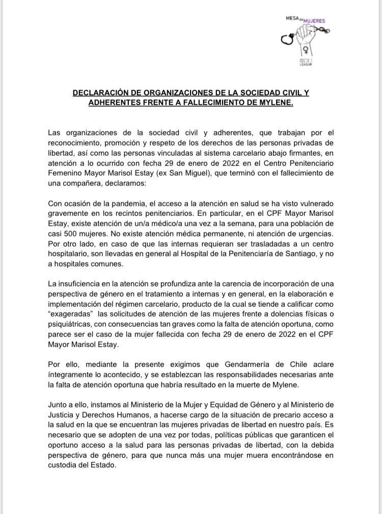 pensapenalchile's tweet image. 🔴 Diversas ONG hemos adherido a esta declaración conjunta en donde informamos a la ciudadanía el abandono en que se encuentra la población penal respecto del acceso a derechos básicos. Este abandonó ha generado la muerte de una mujer privada de libertad en el CPF San Miguel.