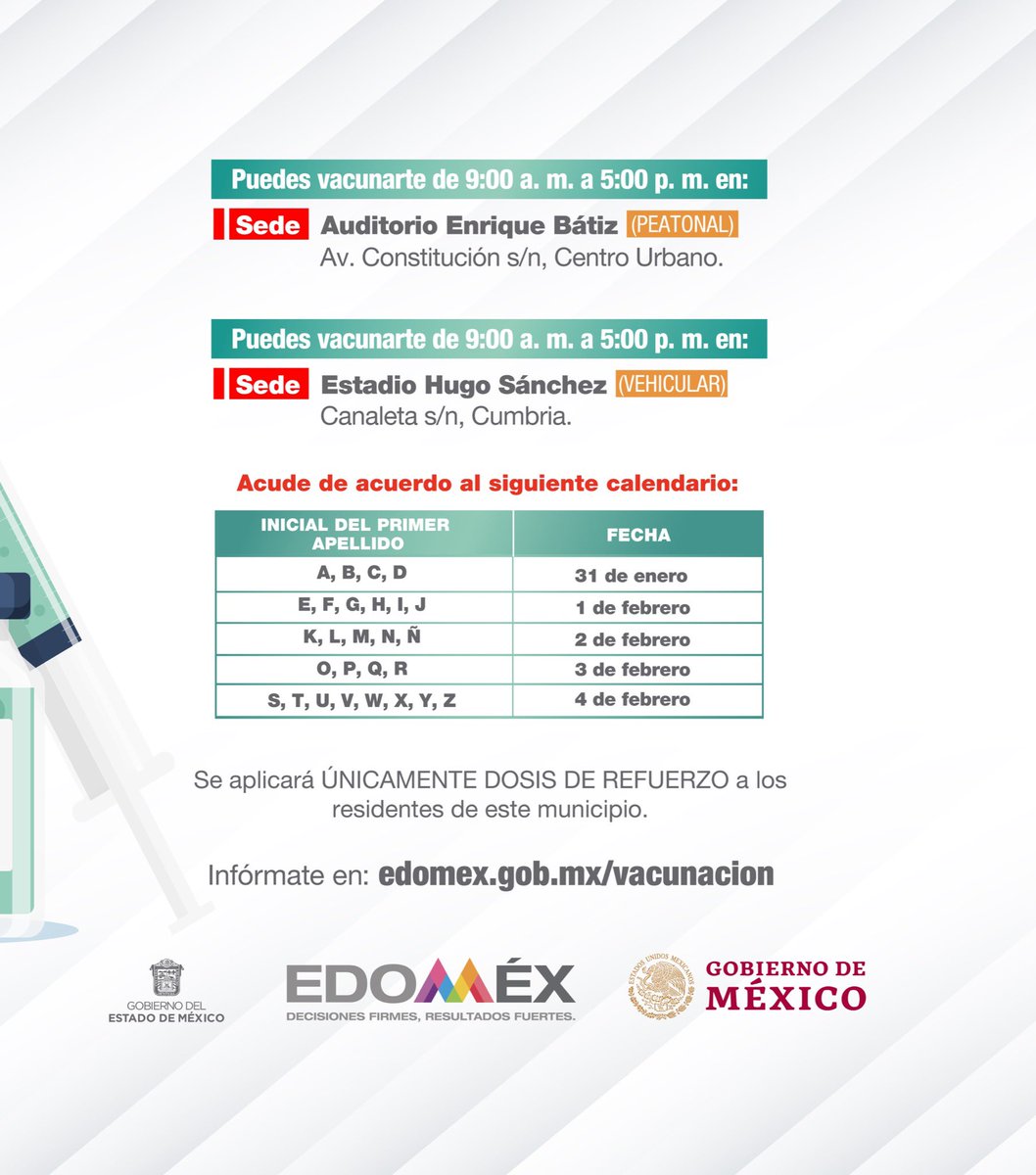 alfredodelmazo's tweet photo. Del 31 de enero al 4 de febrero aplicaremos la dosis de refuerzo a los adultos de 50 a 59 años en #CuautitlánIzcalli. #EstrategiaDeVacunación https://t.co/KVDh4nUo0A