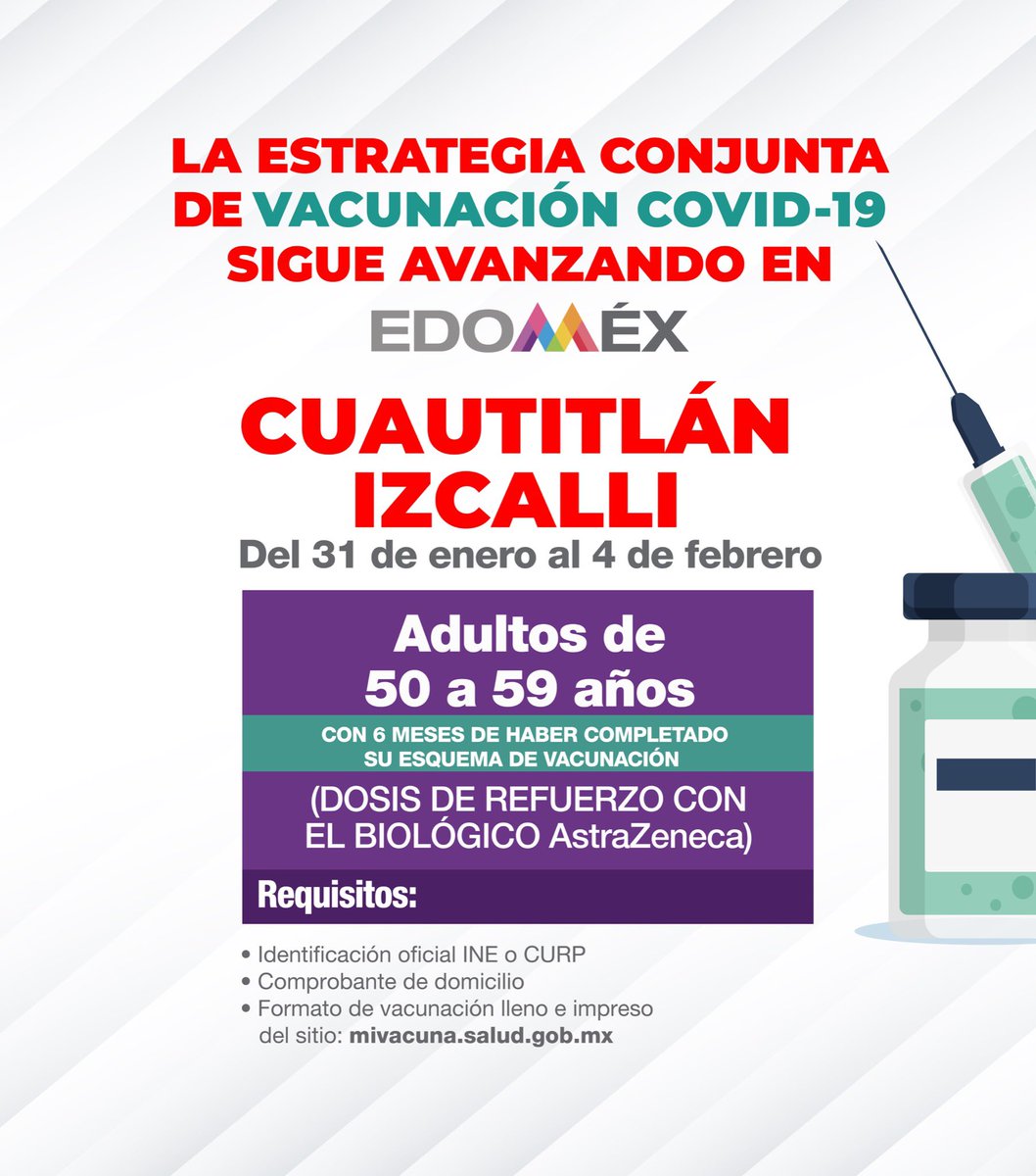 alfredodelmazo's tweet photo. Del 31 de enero al 4 de febrero aplicaremos la dosis de refuerzo a los adultos de 50 a 59 años en #CuautitlánIzcalli. #EstrategiaDeVacunación https://t.co/KVDh4nUo0A