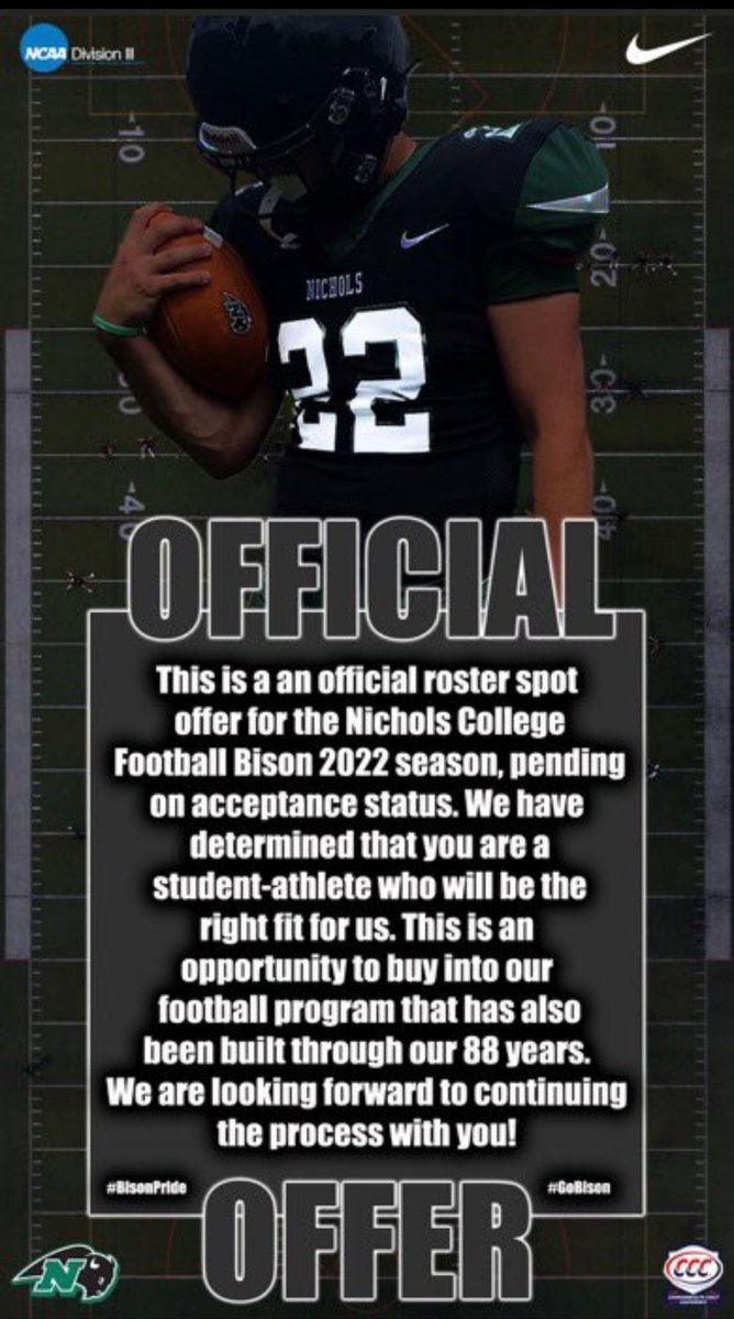 Ashton19Dupras's tweet photo. Blessed to receive an offer from @NCbison_FB thank you to @olmsted_dale and @CoachG45_ #rollbisons 🟢⚪️ https://t.co/urbPIsUA7O