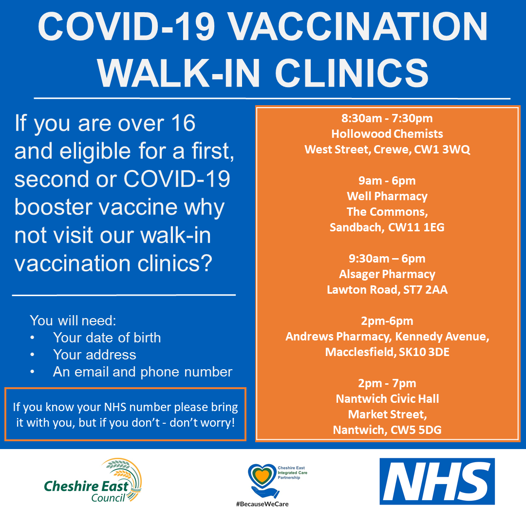 CheshireEast's tweet photo. 1st, 2nd &amp; booster COVID-19 jabs available tomorrow to residents aged 16+ at Hollowood Chemists Crewe 8:30am-7:30pm, Well Pharmacy Sandbach 9am-6pm, Alsager Pharmacy 9:30am-6pm, Andrews Pharmacy Macclesfield 2pm - 6pm &amp; Nantwich Civic Hall 2pm-7pm 👉 https://t.co/w2j16l5xtU https://t.co/DF0r3JN5wJ