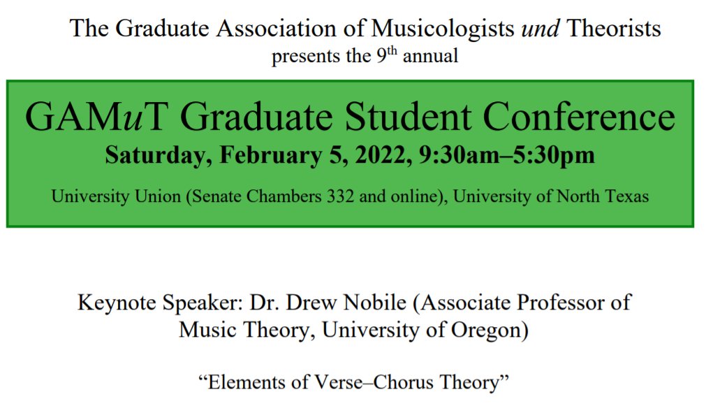 Join us for our 9th Annual GAMuT Conference this Saturday 2/5! We have an excellent program prepared including keynote speaker, Dr. @drew_nobile from U of Oregon. Check out details at: mhte.music.unt.edu/gamut#conferen…. Student attendee registration is free, both in-person and virtual!
