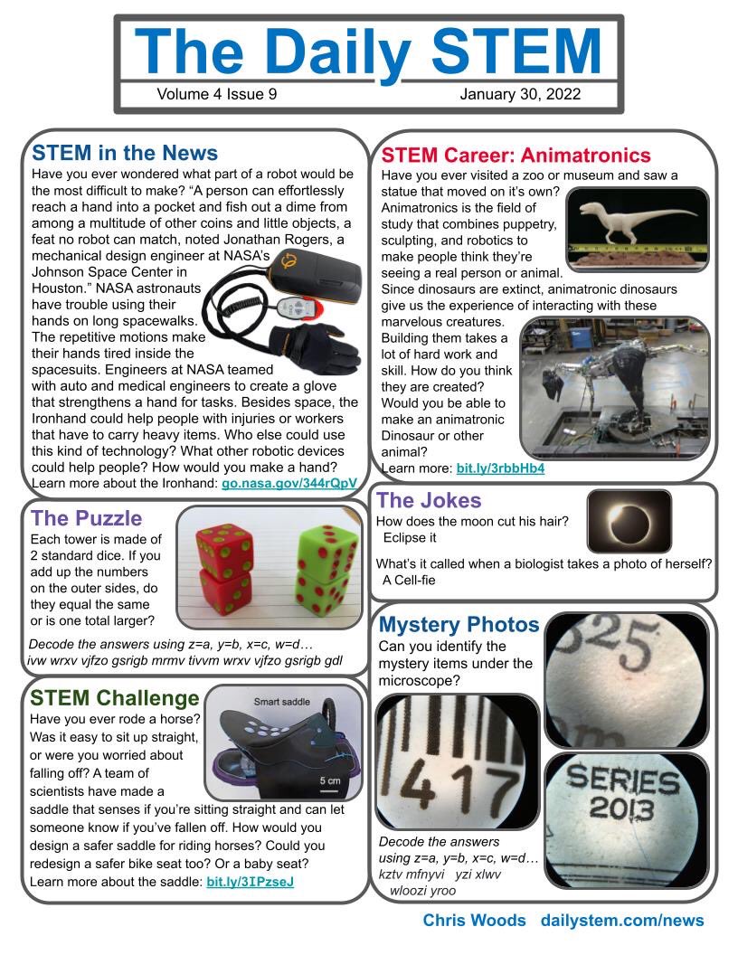 Are you ready for this week’s issue of The #DailySTEM?
🖐 Robotic hands
🦕 Animatronic dinosaurs 
🐎 A better horse saddle
🧩 Puzzles, jokes, &amp; more!
Download every issue free at dailystem.com/news
#STEM + #Literacy!