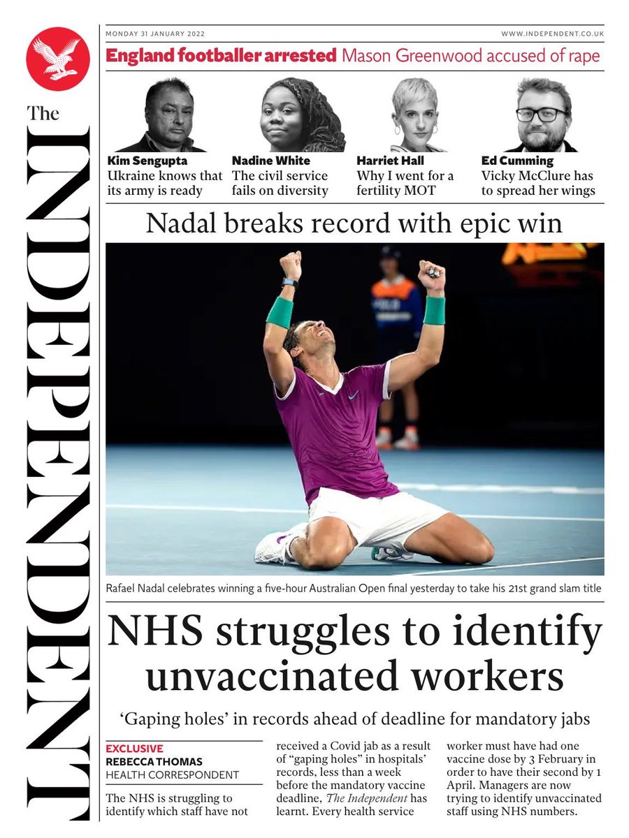 AinhoaParedesUK's tweet photo. 🇬🇧 Las portadas de la prensa británica de este lunes 31 de enero que homenajean así a nuestro querido #RafaNadal 🎾 #AustralianOpen2022 #AusOpen https://t.co/0pCWzsHepz