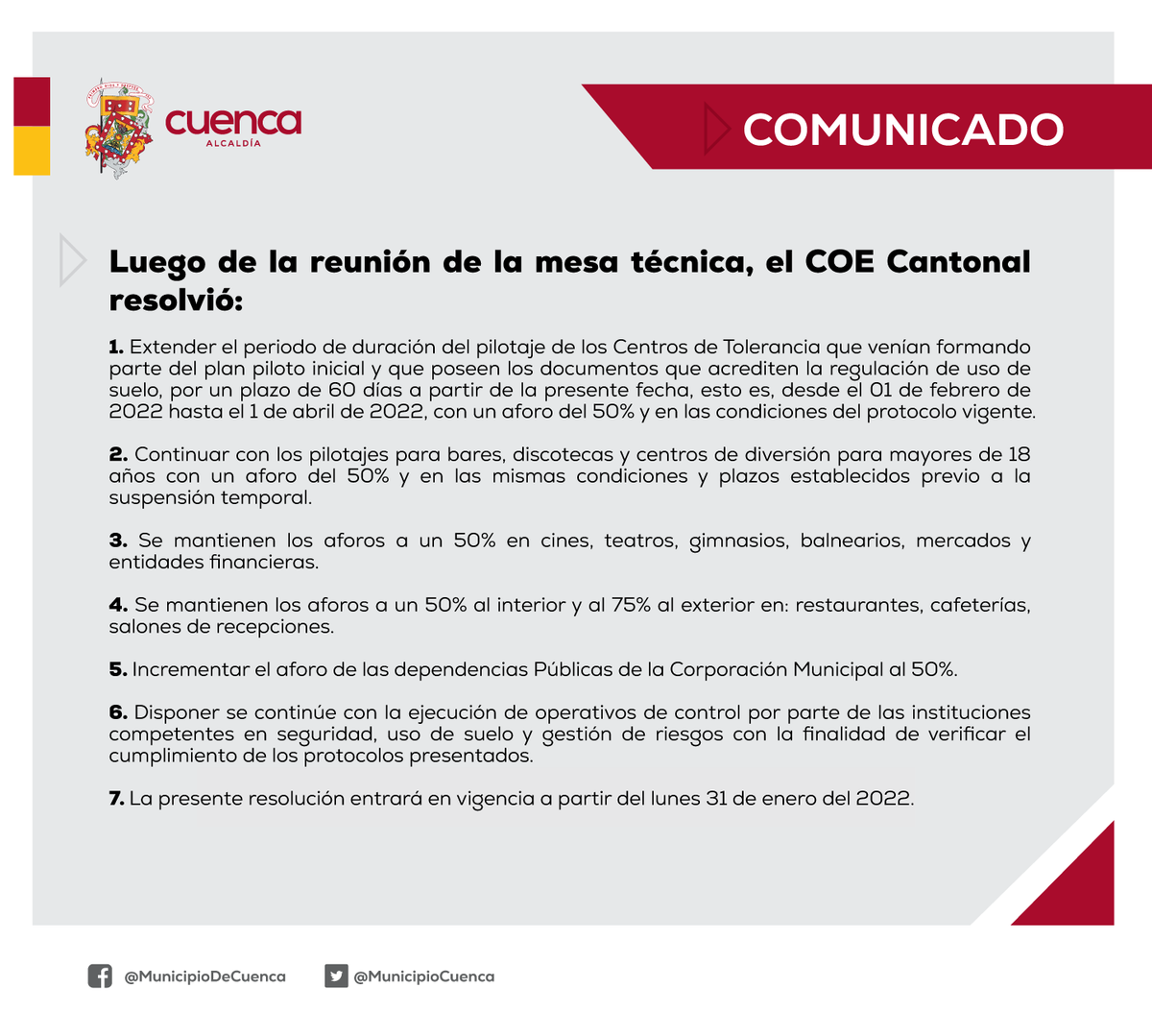 🔴 Comunicado importante para la ciudadanía.

Luego de la reunión de la mesa técnica, el COE Cantonal resuelve ⬇️