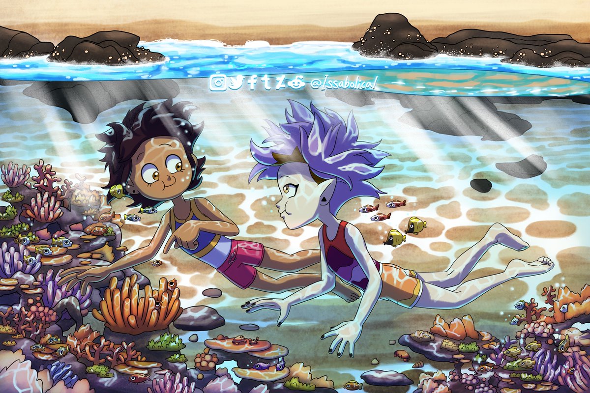 Issabolical's tweet photo. Luz and Amity swimming at the beach"! Commission piece for @RodrigoCapilla2 #commissionart #FANART #TheOwlHouse #theowlhousefanart #LuzNoceda #AmityBlight #lumity https://t.co/OsRWFNE5NT
