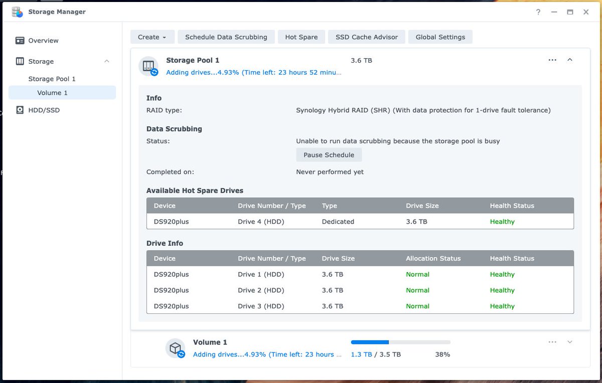 metadaddy's tweet image. Home #sysadmin: I migrated 760GB from my old #ReadyNAS U4+ to a shiny new @Synology SD920+/2x4GB drives, then swapped in the 2x4TB drives from the ReadyNAS, 1 live &amp;amp; 1 as a hot spare. This time tomorrow, I’ll have a 7.2TB vol w a hot spare, backing up to #BackblazeB2!