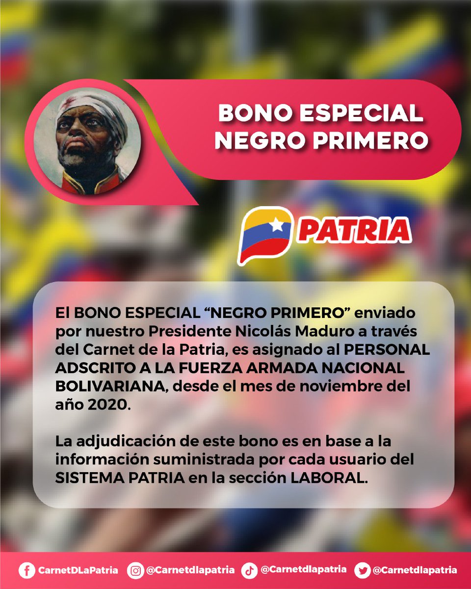 CarnetDLaPatria's tweet photo. #ENTÉRATE El #SistemaPatria informa que, el #BonoEspecial "Negro Primero", enviado por nuestro Presidente @NicolasMaduro a través de la #PlataformaPatria, es asignado a las y los funcionarios de la Administración Pública.
¡No necesita escaneo! 

#VenezuelaDePazYJusticia #30Ene https://t.co/z4bPYdHVbx