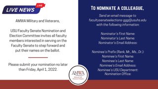 The USU Faculty Senate Nomination and Election Committee invites all faculty members interested in serving on the Faculty Senate to step forward and put their names on the ballot. Can we get a M&V AMWA member on board? Nominations are due Friday, April 1, 2022! @USUhealthsci