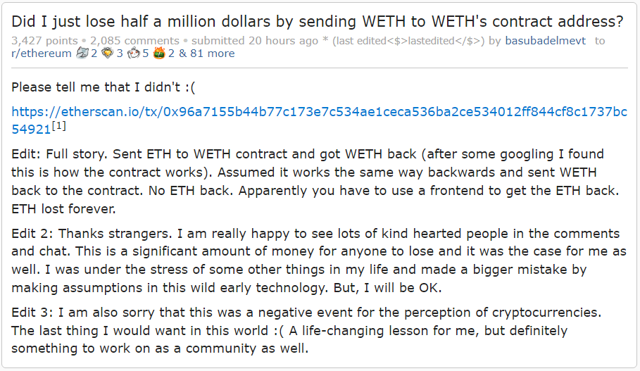 TylerGlaiel's tweet photo. someone lost half a million dollars because they made a small mistake while trying to do a crypto transaction. the fact that there is no possible way to remedy this is seen as a feature by crypto bros. the person who lost the money is more worried they harmed crypto's reputation https://t.co/sYYhjiFqOW
