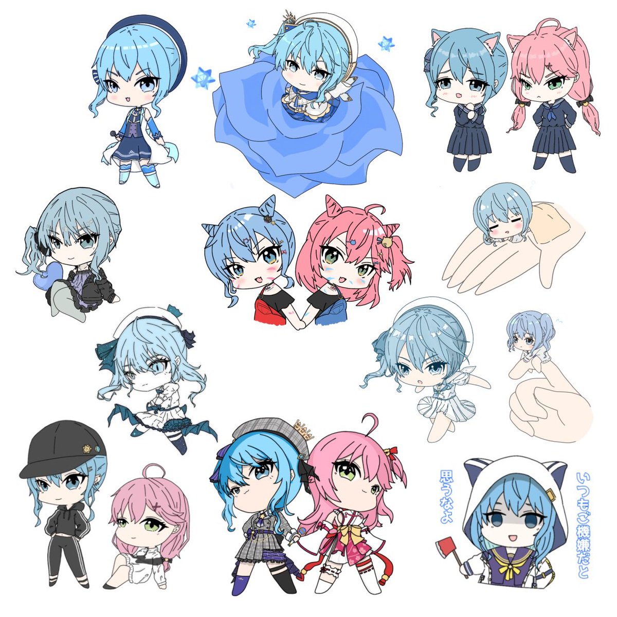 hoshimachi suisei ,sakura miko multiple girls hat blue hair pink hair hood animal ears 2girls  illustration images