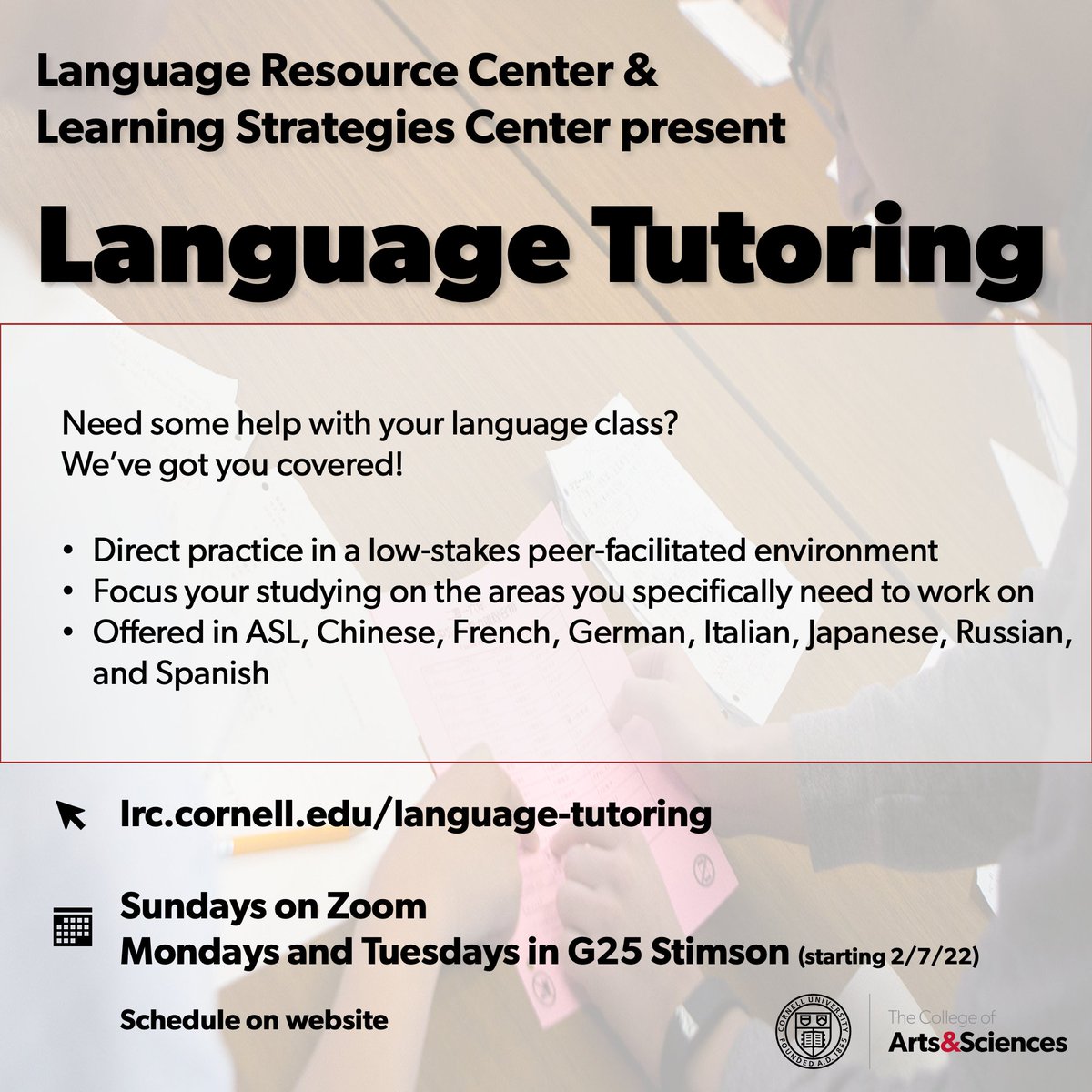 CornellLRC's tweet photo. Need some help with your language class? Free peer tutoring is available to all Cornell undergraduate students in ALS, Chinese, French, German, Italian, Japanese, Russian, and Spanish.
⠀
Levels and schedule at https://t.co/ctYMF76OMR

#languagetutoring #CornellLanguages https://t.co/EqFTznb93r