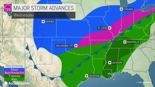 breakingweather's tweet photo. Even portions of western Texas, such as Amarillo and Midland, and Oklahoma, including Oklahoma City, may not be spared from the storm's wintry side as ongoing mild weather is replaced by a harsh chill. https://t.co/HhYJvQa4BE https://t.co/pGF4aGmJNZ