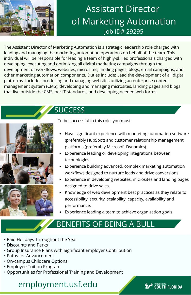 USF_HR's tweet photo. Do you have experience in web development, digital strategy, marketing automation management, team leadership, and development? The #USF Innovative Education Department is #nowhiring for an Assistant Director of Marketing Automation. Apply here: https://t.co/QcC2cu5MIU #USFTalent https://t.co/ylUrTouPmv