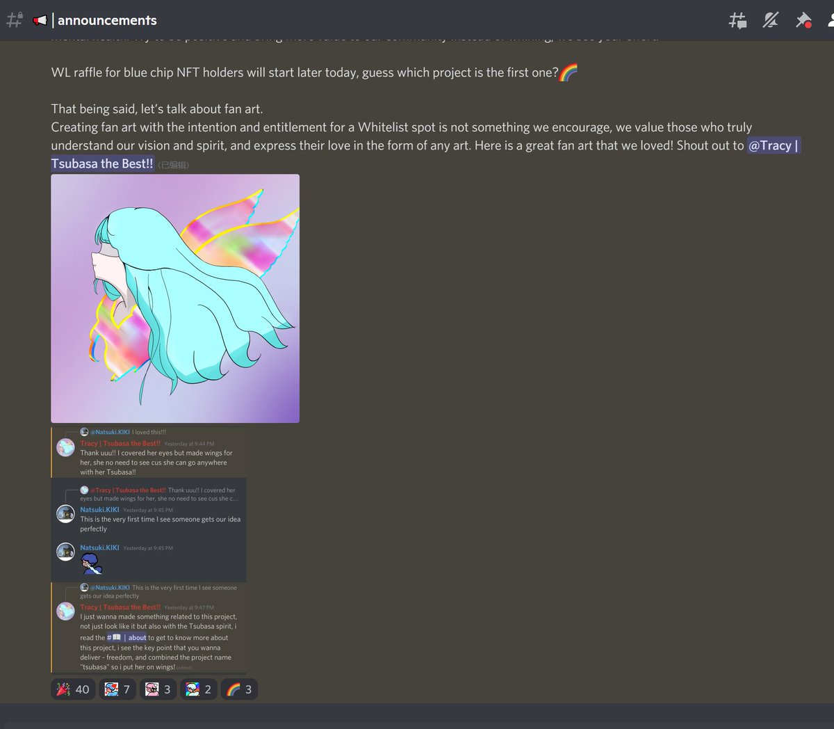 0xTracy_'s tweet photo. Best news for today and also make a good start for this brand new 2022, thanks @TabinekoKIKI that gives me this compliment, spreading good and warm vibe to me and to everyone.
Everyone shall use their Tsubasa to fly higher and go everywhere, no constraint but only freedom now :D https://t.co/nNRc5GRO9X