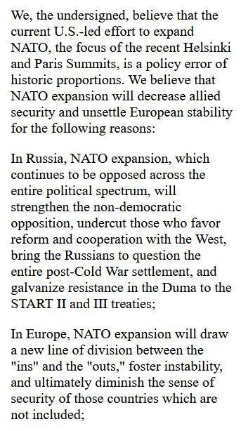scotthortonshow's tweet photo. Open Letter to President Clinton Against NATO Expansion, June 26, 1997; signed by former hawks Robert McNamara, Paul Nitze, Stansfield Turner, Richard Pipes, Edward Luttwak and many others
https://t.co/unFqNtZZB0 https://t.co/AL2QqeMath
