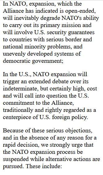 scotthortonshow's tweet photo. Open Letter to President Clinton Against NATO Expansion, June 26, 1997; signed by former hawks Robert McNamara, Paul Nitze, Stansfield Turner, Richard Pipes, Edward Luttwak and many others
https://t.co/unFqNtZZB0 https://t.co/AL2QqeMath