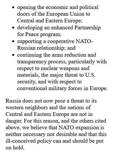 scotthortonshow's tweet photo. Open Letter to President Clinton Against NATO Expansion, June 26, 1997; signed by former hawks Robert McNamara, Paul Nitze, Stansfield Turner, Richard Pipes, Edward Luttwak and many others
https://t.co/unFqNtZZB0 https://t.co/AL2QqeMath