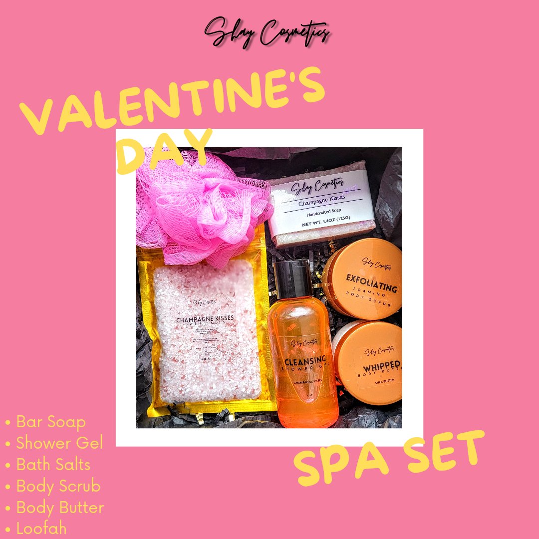 Are you ready for Valentine's Day? If you just want to unwind and relax this spa set is perfect for you. It comes with Body Butter, Body Scrub, Bar Soap, Shower Gel, Bath Salts and a loofah. 🥰 Are you feeling this set? shaycosmetics.org/product-page/v… #soaptwitter #ValentinesDaygifts