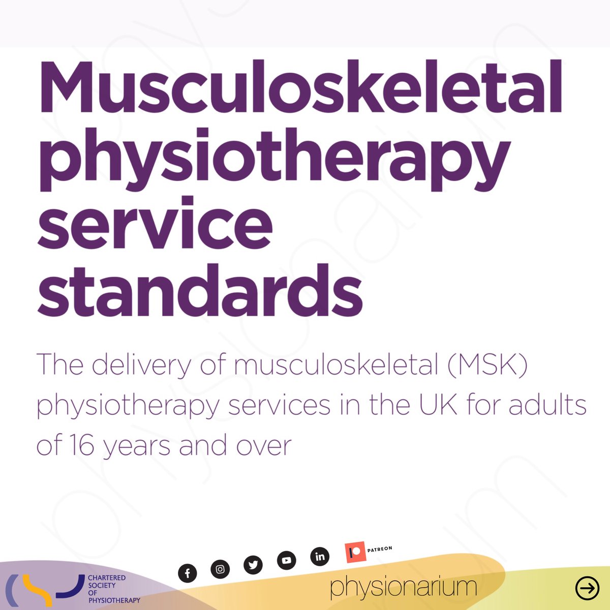physionarium's tweet photo. 📣 #MUSCULOSKELETAL #PHYSIOTHERAPY SERVICE #STANDARDS

📚 8 quality standards that support the development and delivery of high quality #MSK PT services.

📎 https://t.co/psf9jQ5nmW

#physionarium #fisioterapia #physicaltherapy #quality #rehabilitation #reabilitação #health #EBP https://t.co/8sm8pDpeD0