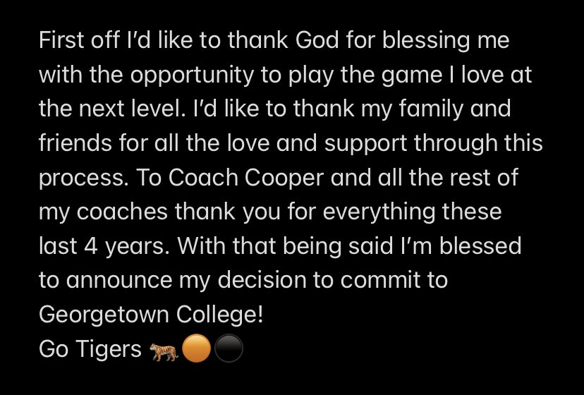 AGTG, blessed to announce my commitment to <a href="/Gtown_Football/">Georgetown College Football</a> , Go Tigers‼️🐅🟠⚫️