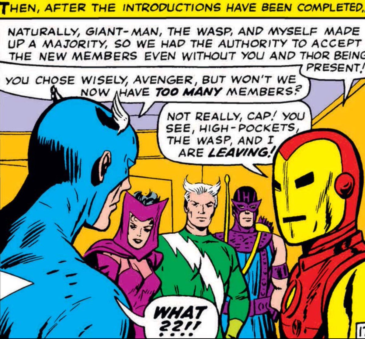 Tony: Hey Cap, we’re all quitting but don’t worry.  We took the liberty of hiring two Evil Mutants and a criminal with Soviet ties on our way out. 

(It’s in the by-laws)