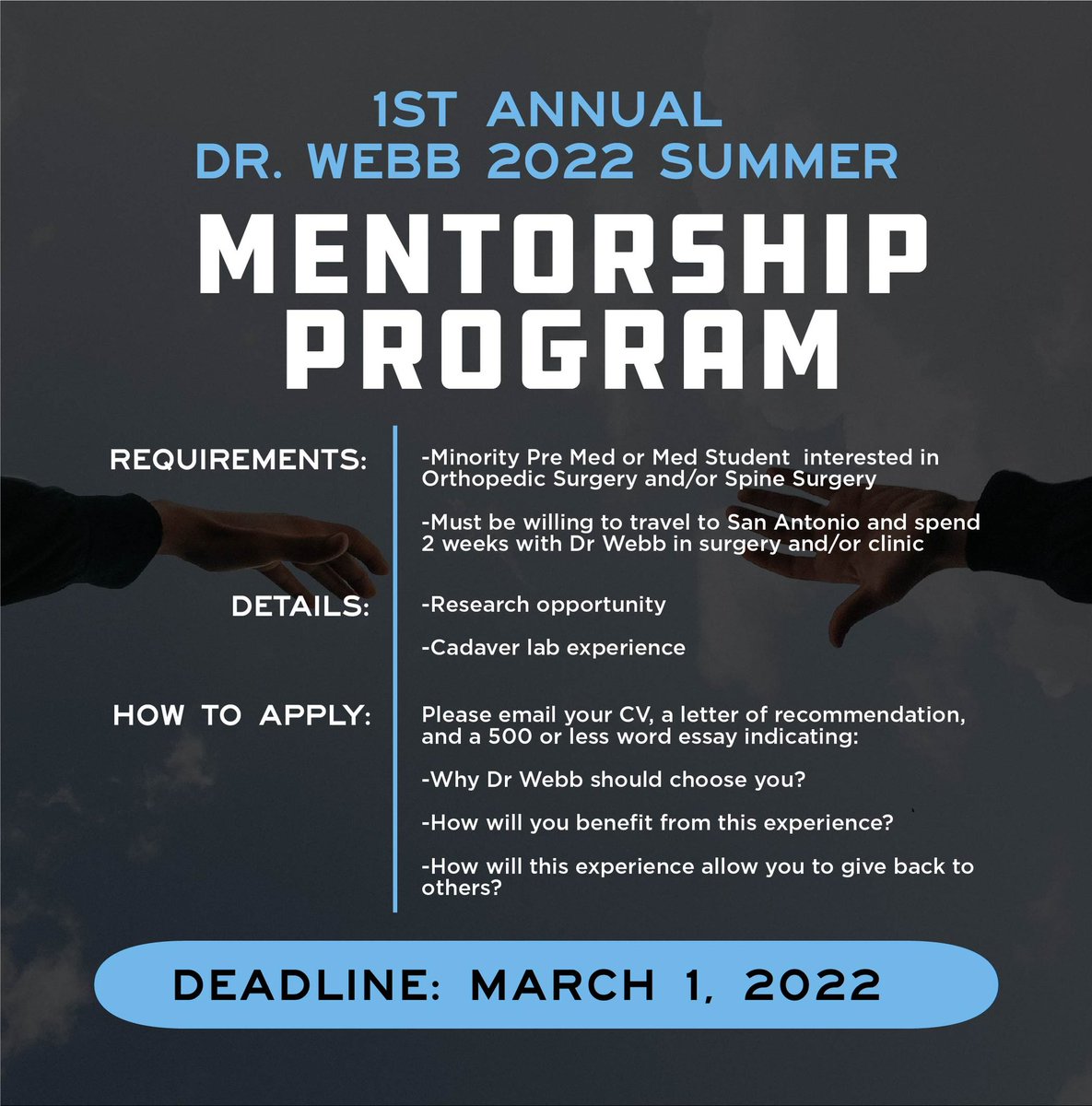 antoniowebbmd's tweet photo. I’m excited to announce my inaugural 2022 Summer Mentorship Program! 

Please send ALL requirements to: thewebbfamilyfoundation@gmail.com

Deadline March 1, 2022 https://t.co/dCso8grWKs