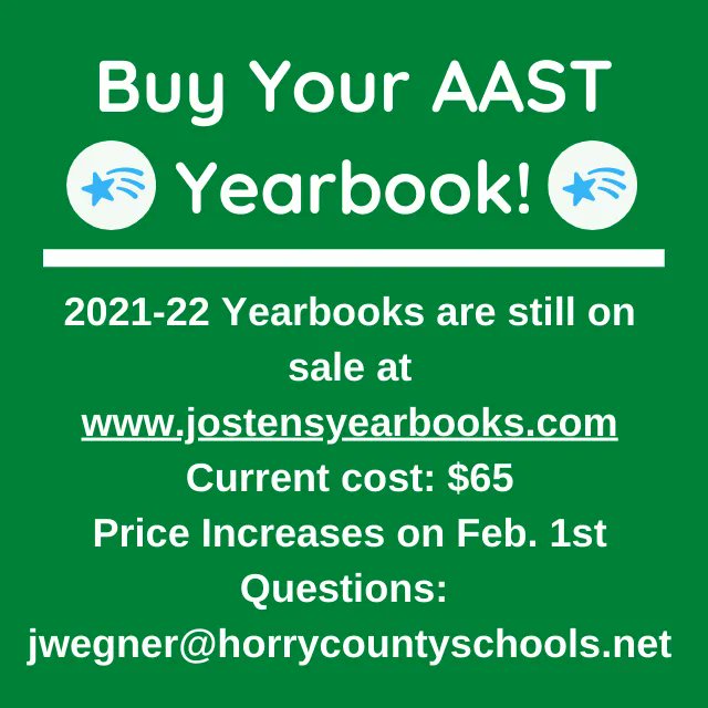 2021-22 Yearbooks are still on sale at buff.ly/2dRiKwN.  Purchase yours now before the price increases on Feb. 1, 2022.  The current cost is $65 plus tax.  If you have questions, please contact Ms. Wegner) at jwegner@horrycountyschools.net.