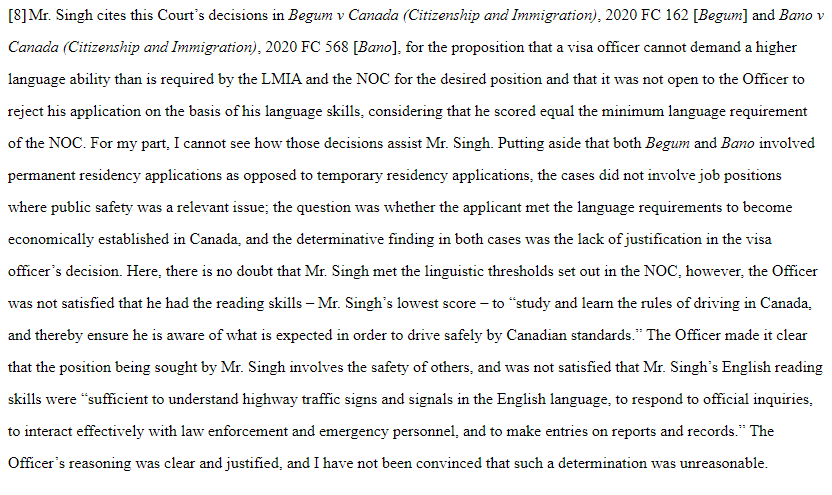 smeurrens's tweet photo. Justice Pamel rules it reasonable for a visa officer to say that an applicant with CLB 5 in Reading cannot "“study and learn the rules of driving in Canada, and thereby ensure he is aware of what is expected in order to drive safely by Canadian standards.” https://t.co/eZqbVol6Q2 https://t.co/Q26kKdlD9m