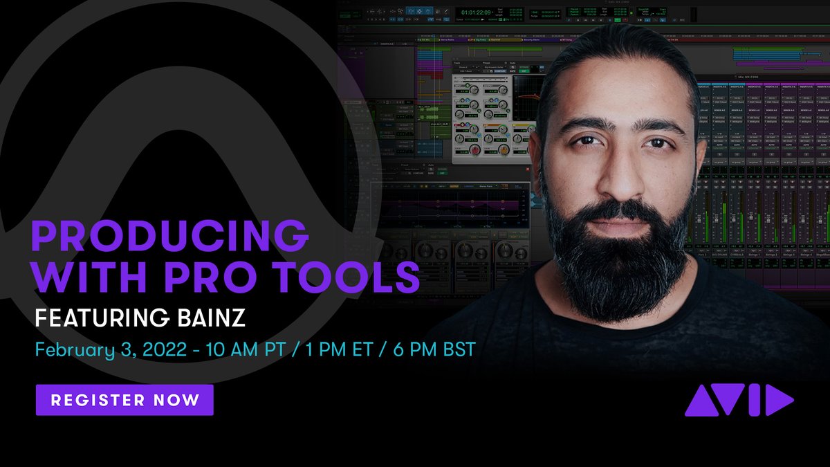 Avid's tweet photo. Catch the next episode of Producing with Pro Tools: Recording &amp; Mixing with @aBainz on February 3

▶️ https://t.co/JCqcGwpi2d

#webinar #bainz #producer #music #recording #mixing #protools #avid https://t.co/DhJhGACayf