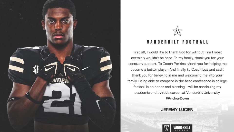 Committed!! #AnchorDown <a href="/Coach_Lea/">Clark Lea</a> <a href="/Coach_Minter/">Jesse Minter</a> @CoachHowellVU <a href="/Coach_DPerk/">DARRELL PERKINS</a> <a href="/VandyFootball/">Vanderbilt Football</a> <a href="/CoreyEdsall/">Coach Corey Edsall</a> <a href="/NickyV05/">Nik Valdiserri</a>