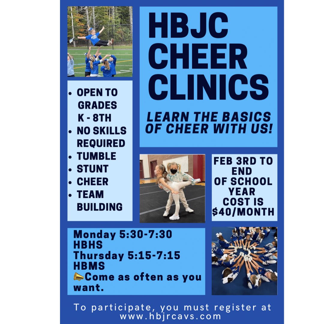 HBJCYouth's tweet photo. 📣 JOIN US for February Cheer clinics starting on Thursday, February 3RD!! 😊.  Come see what it’s all about. 🤸🏽‍♂️ Click on the following link to register https://t.co/1zZnV3gqeS 
@hollisbrookline #603Brookline #youthcheer https://t.co/F2KgdXq5Nt